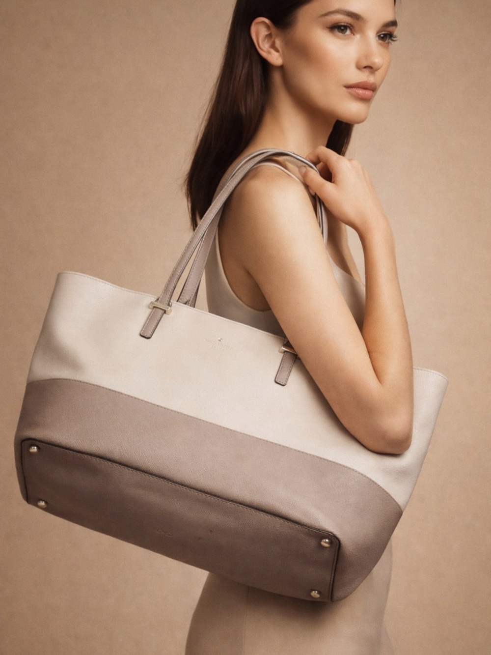 Kate Spade New York Two Tone Leather Tote Bag Neutral Work Shoulder Bag
